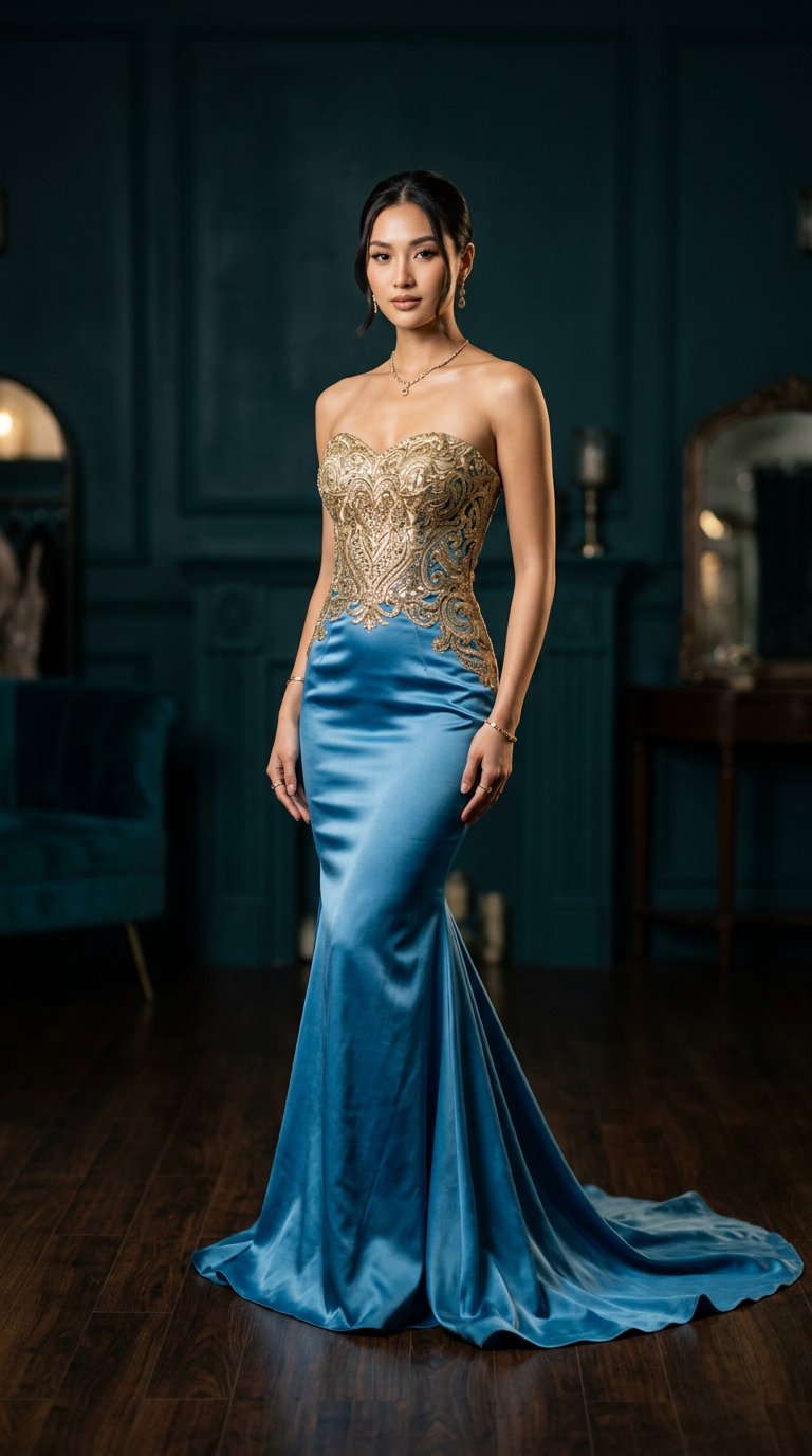 Gaun Lumina — cerulean satin mermaid dengan brokat emas