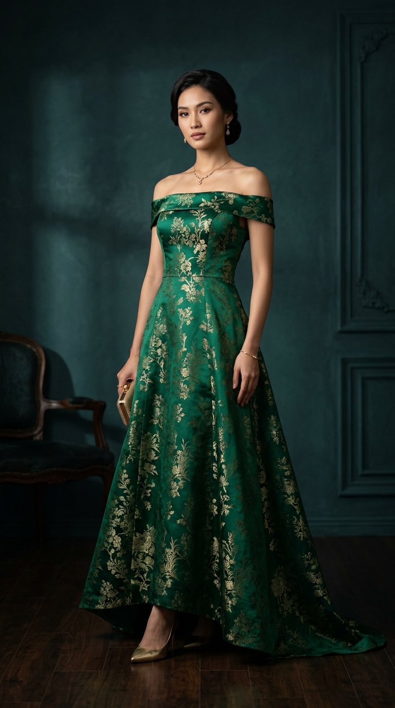 Gaun Zamrud — brokat hijau zamrud A-line off-shoulder
