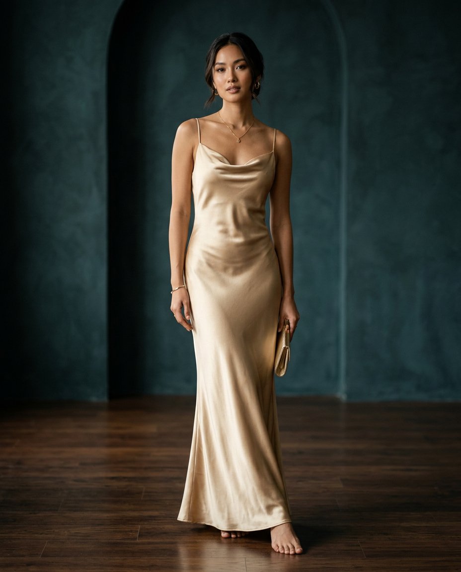 Gaun Aurea — slip sutra champagne dengan cowl neck