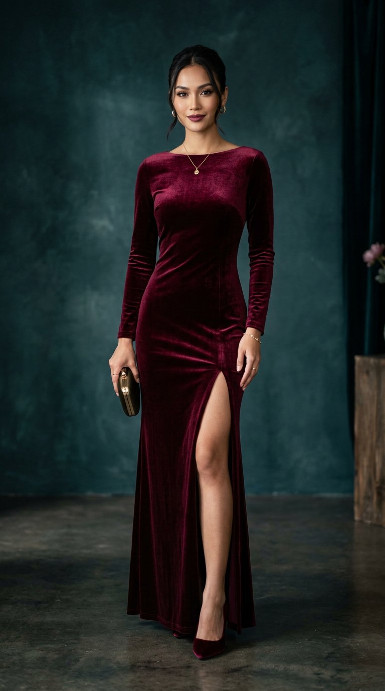 Gaun Velour — beludru burgundy dengan slit