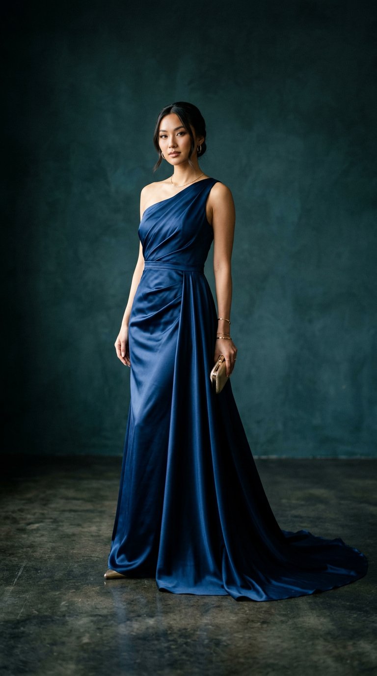 Gaun Safir — satin safir one-shoulder dengan train