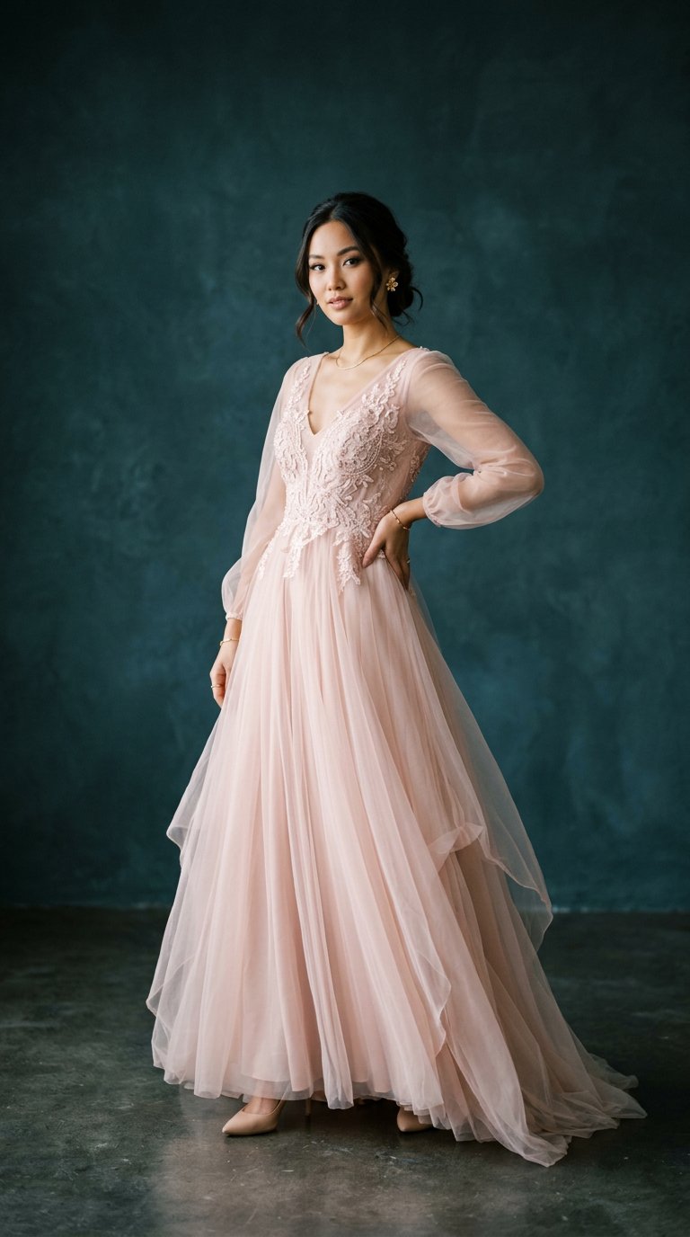 Gaun Rosé — tulle blush romantis dengan bordir